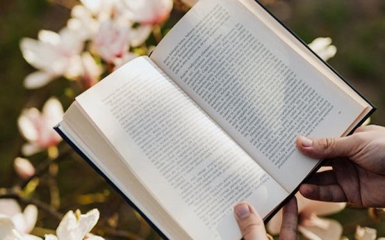 Uppslagen bok med magnolia i bakgrunden