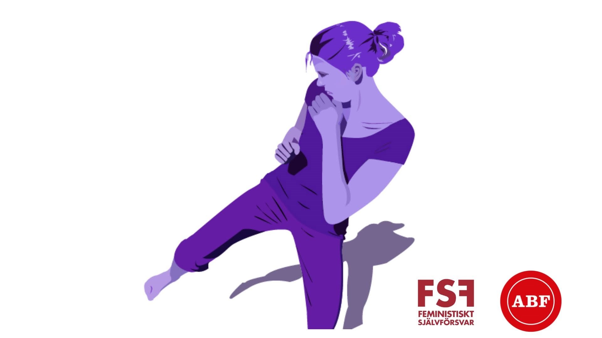 Illustration i lila toner av en person som tränar självförsvar genom en skyddande kampställning med upplyft ben. Logotyper för Feministiskt Självförsvar och ABF syns längst ner till höger.