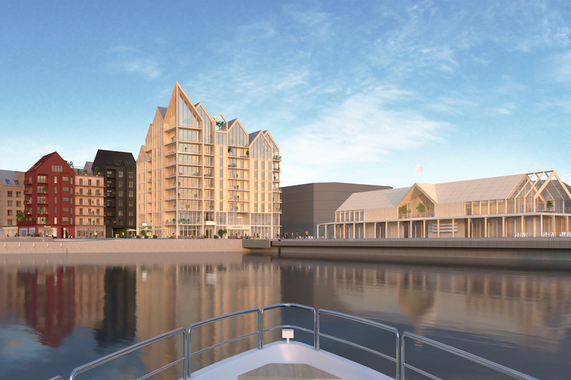 Illustration som visar kvarteret 9AB i Norrtälje hamn. Till vänster i bild syns bostadshus i trä, i mitten av bilden en hotellbyggnad som även den är i trä och till höger en pirbyggnad som även den är i trä.