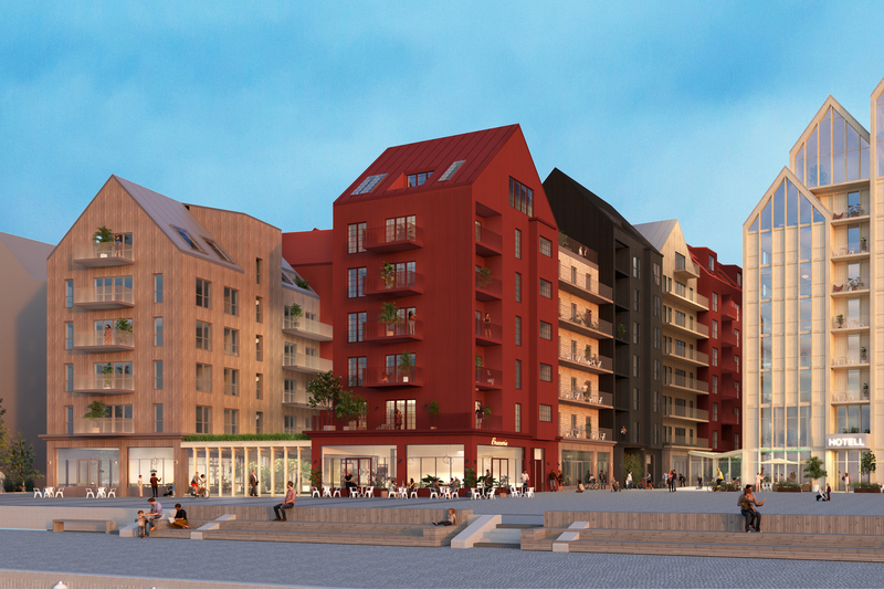 Visionsbild av ett bostadskvarter i rött svart beige brun med ett hotell med spetsigt tak och stora glaspartier bredvid och ett stort torg framför