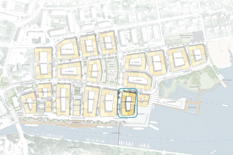 Karta med ett kvarter inringat i blått