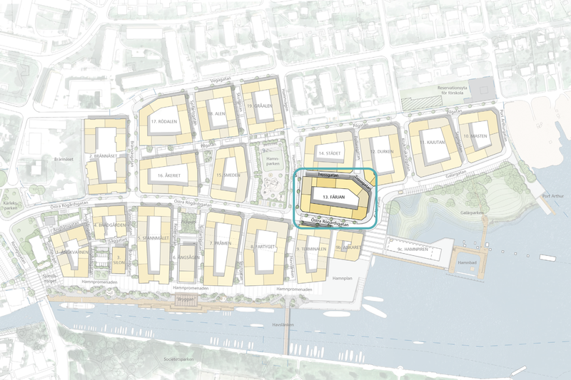 Karta med ett kvarter inringat i bl&aring;tt
