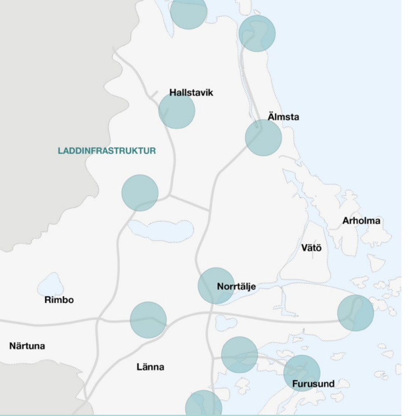 Karta över strategiska platser för laddinfrastruktur på landsbygden, TRafik och mobilitetsstrategi, Norrtälje kommun 2022